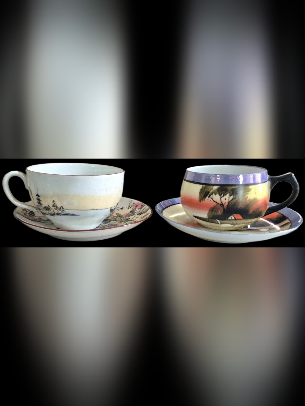TWO Unique Vintage Hand-Painted Decorative Plate & Tea Cup Sets